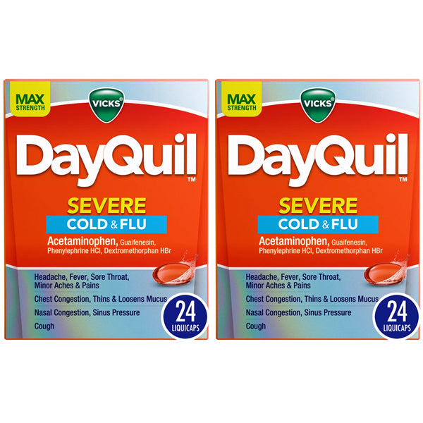 Two 24-count packs of Vicks DayQuil Severe Cold & Flu Medicine LiquiCaps are shown side by side—your trusted choice for powerful cold and flu symptom relief.